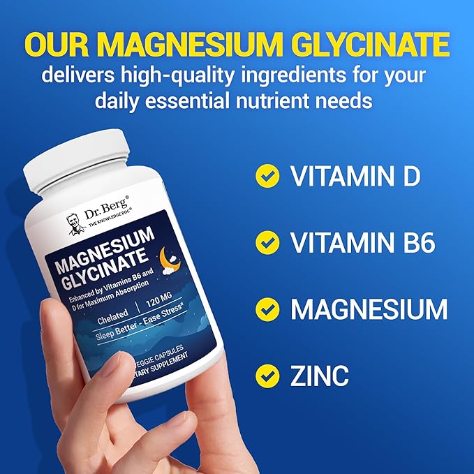 Dr. Berg Magnesium Glycinate with Vitamin D, B6 & Zinc for Stress Relief, Calm, Relaxation, & Good Sleep* - 120 mg Per Magnesium Supplement Capsule - Chelated Magnesium Glycinate - 90 Caps