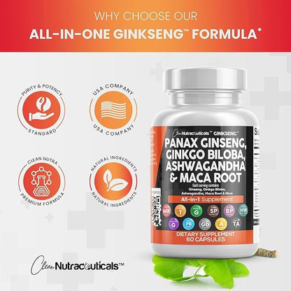 Clean Nutraceuticals Panax Ginseng 10000mg Ginkgo Biloba 4000mg Ashwagandha Maca Root 3000mg - Focus Supplement Pills for Women and Men with Pine Bark Extract, Garlic, and Saw Palmetto - 2Pack