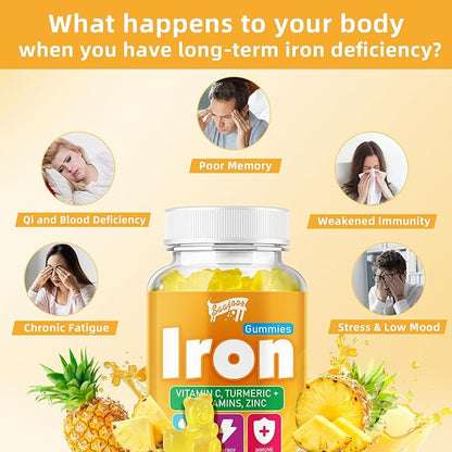Iron Gummies with Multivitamin for Adults & Kids – Packed with Vitamin B6, B12, C, Zinc, and Folate – for Blood Health & Energy Boost – Pineapple Flavor, Vegan-Friendly, 60 Gummies