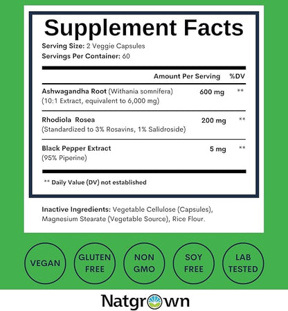 Natgrown Rhodiola Rosea with Ashwagandha Root Extract Capsules - Standardized to 3% Rosavins and 1% Salidroside - 120 Count