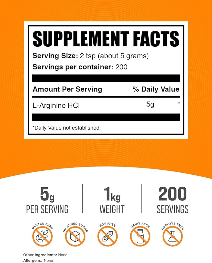 BulkSupplements.com L-Arginine HCl Powder - Nitric Oxide Supplement, Arginine Powder - Unflavored & Gluten Free, 5g per Serving, 1kg (2.2 lbs) (Pack of 1)