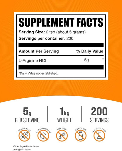 BulkSupplements.com L-Arginine HCl Powder - Nitric Oxide Supplement, Arginine Powder - Unflavored & Gluten Free, 5g per Serving, 1kg (2.2 lbs) (Pack of 1)