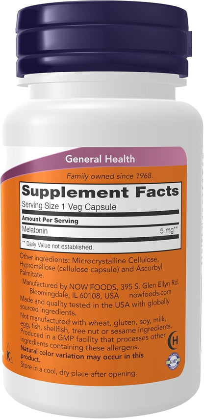 NOW Foods Supplements, Melatonin 5 mg, Free Radical Scavenger*, Healthy Sleep Cycle*, 60 Veg Capsules