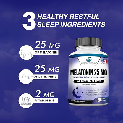 Melatonin 25mg Per One Tablet, 120 Chewable Tablet with L-Theanine & Vitamin B-6, Supports Healthy Sleep Cycle , Promotes Calming & Restful Sleep, Vegan, NON GMO, Made In USA