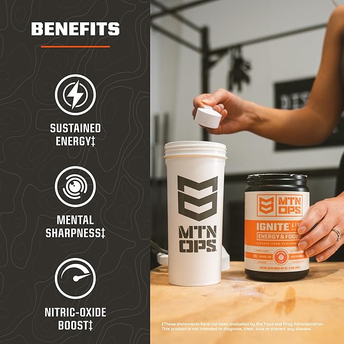 MTN OPS Ignite Lite Energy Drink Powder Gluten Free Nitric Oxide Supplement Drink Mix, L Arginine, L Citrulline, Caffeine & Nootropic Sugar Free Drink Mix, 45 Servings, Raspberry Lemonade