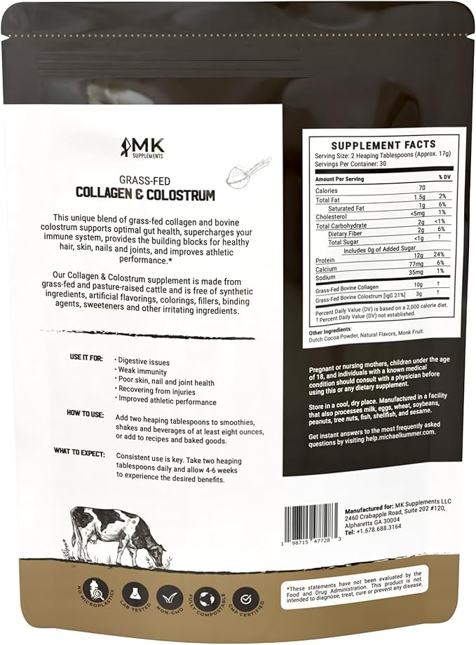 MK Supplements Grass-Fed Collagen & Colostrum Supplement, Chocolate (30 Servings) - Non-GMO, Gluten Free, Supports Gut Health, Immunity, Hair, Skin, Nails, Joints