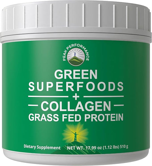 Greens Superfood + Grass Fed Collagen Peptides Powder - Ultimate Blend of Best Tasting Green Superfood with Pure Pasture Raised Hydrolyzed Protein Powder for Skin Hair + Joint Health