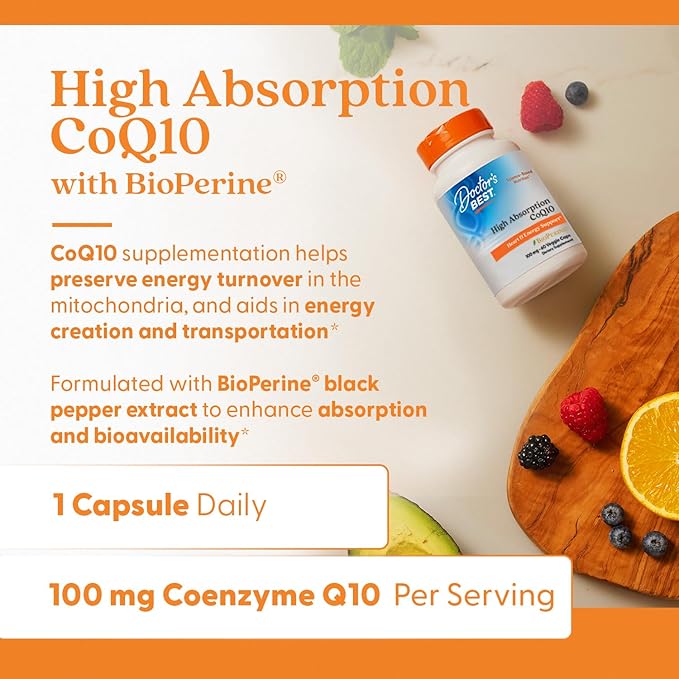 Doctor's Best High Absorption CoQ10 with BioPerine, Vegan, Gluten Free, Naturally Fermented, Heart Health & Energy Production, 100 mg 60 Veggie Caps