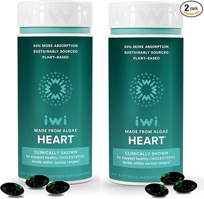 Iwi Life Heart Omega-3, 120 Softgels (60 Servings), Vegan Plant-Based Algae Omega Fatty Acids + EPA, Heart Health Support Dietary Supplement, Krill & Fish Oil Alternative, No Fishy Aftertaste