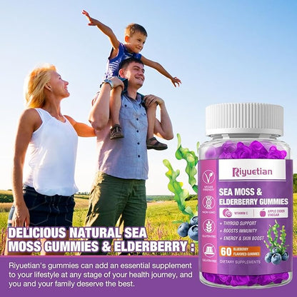 Sea Moss Gummies & Elderberry - Vitamin C + Zinc – Strength Immune & Thyroid Support Booster Gummy Bears for Kids & Adults - 60 Natural Seamoss Gummies