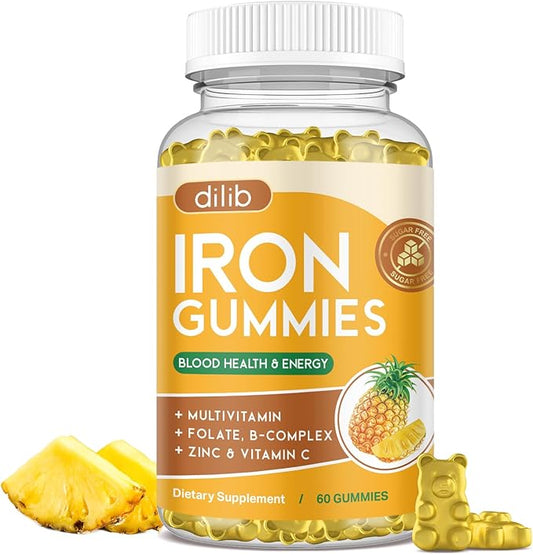 Iron Gummies with Multivitamin, Iron Supplement for Women & Men with Zinc, Vitamin B Complex & C, B12, Folate - Blood Builder & Energy Support for Adults & Kids - Pineapple Flavor, Vegan 60 Gummies