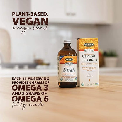 Flora - Udo's Choice Omega 369 Oil Blend, Made with Organic Flax, Sesame & Sunflower Seed Oils, Plant-Based Vegan Omega Fatty Acids, Based on Ideal 2:1:1 Ratio, 8.5-fl. oz. Glass Bottle