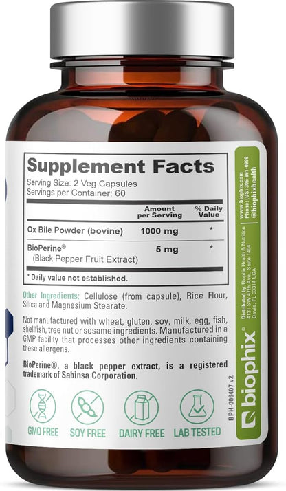 biophix Ox Bile 1000 mg with BioPerine 120 Veggie Capsules - High Absorption Digestive Enzymes Supplement - Liver Metabolic GI Fat Metabolism Support
