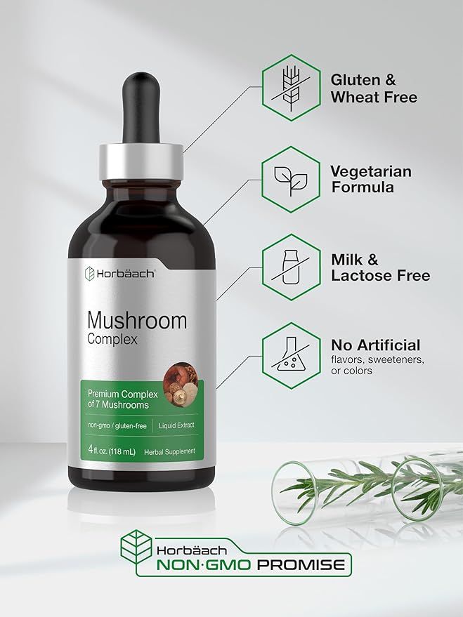 Horbäach Mushroom Complex Liquid Extract | 4 FL Oz Tincture Drops | 7 Premium Mushrooms | Maitake, Shiitake, Reishi, Chaga, Cordyceps, Lion's Mane & Oyster Mushrooms | Vegetarian, Non-GMO, Gluten Free