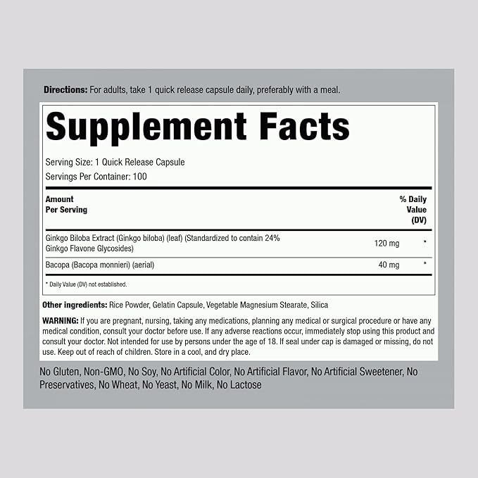 Piping Rock Ginkgo Biloba Supplements 120mg | 100 Capsules | Standardized Extract | Non-GMO, Gluten Free