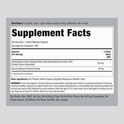 Piping Rock Ginkgo Biloba Supplements 120mg | 100 Capsules | Standardized Extract | Non-GMO, Gluten Free