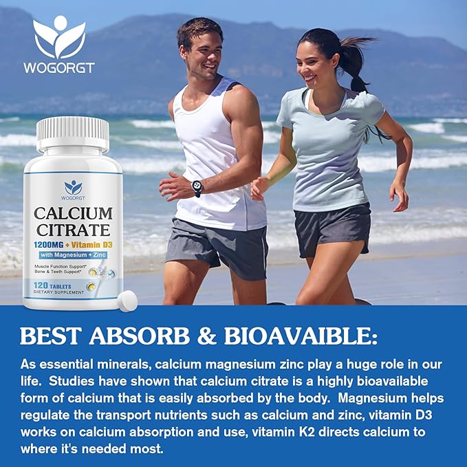 Calcium Citrate 1200mg Supplement with Vitamin D3 for Women and Men - Calcium Magnesium Zinc D3 Supplement for Bone, Teeth, Immune Support, Vegan-Friendly - 120 Tablets