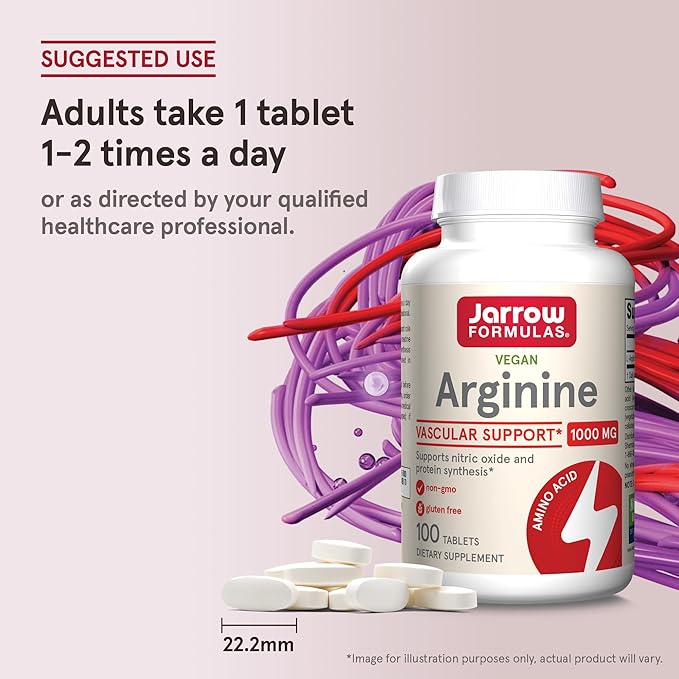 Jarrow Formulas Arginine 1000 mg, Dietary Supplement, Supports Nitric Oxide Production, Supports Protein Synthesis, 100 Tablets, Up to 100 Day Supply