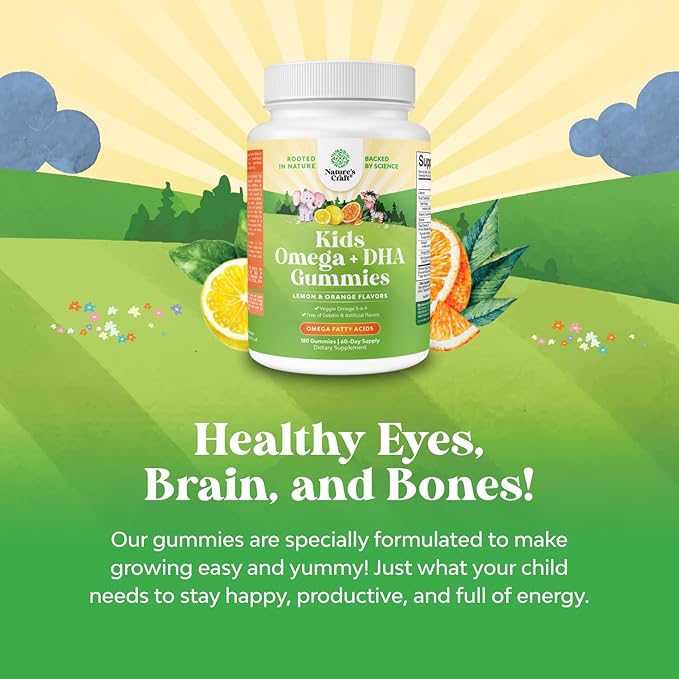 Omega DHA Gummies for Kids - Fatty Acids Omega 3 6 9 with Vitamin C for Brain, Immunity & Vision - Nutritional DHA for Kids for Healthy Nervous System & Focus Support - Fish Free & Vegan - 180 Chews