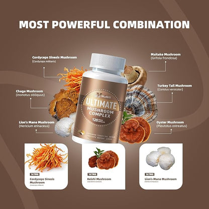 Mushroom Complex Supplement 2600mg, 120 Capsules - 10 Mushrooms Blend - Reishi, Lions Mane, Cordyceps, Chaga, Turkey Tail, Maitake, Shiitake, Oyster Nootropic Complex - Brain, Energy, Focus Pills