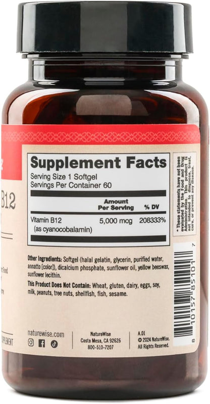 NatureWise Vitamin B12 5000 mcg - Extra Strength - Supplement for Supporting Energy Levels, Mental Clarity, Nervous System Health - Easy-to-Swallow, Soy and Gluten-Free, Non-GMO - 60 Softgels