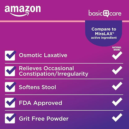 Amazon Basic Care ClearLax Polyethylene Glycol 3350 Powder for Solution, Orange Flavor, Osmotic Laxative, Stool Softener, Relieves Occasional Constipation, 1.11 pound (Pack of 1)
