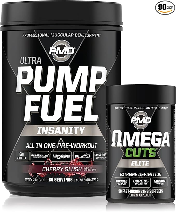PMD Sports Ultra Pump Fuel Insanity - Pre Workout – Cherry Slush (30 Servings) Sports Omega Cuts Elite Thermogenic Fat Burner (90 Softgels)