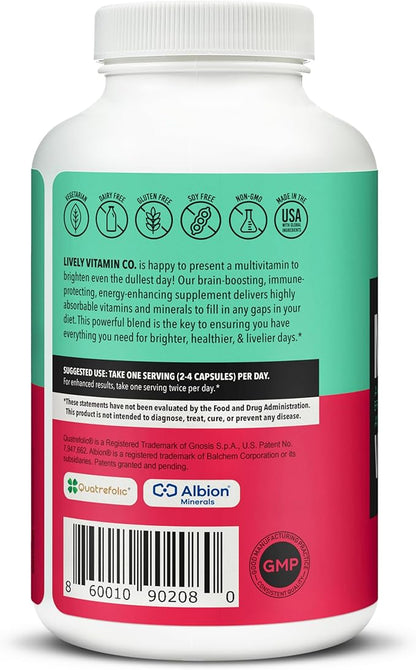 LIVELY VITAMIN CO. Multivitamin - 37 Vitamins Minerals and Extracts - Energy - Memory - Immune Function - Heart- Brain - Focus - Mood - Antioxidants - Dairy Gluten Soy Free - 240 Vegetarian Capsules
