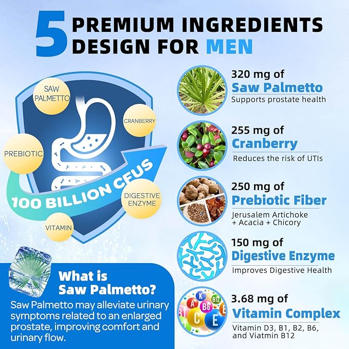 ZEBORA Probiotics for Men 100 Billion CFU - Probiotics for Digestive Health, Men's Probiotic Supplement, Prebiotics & Enzymes, for Prostate Health with Saw Palmetto | 90 Veg Capsules