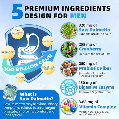 ZEBORA Probiotics for Men 100 Billion CFU - Probiotics for Digestive Health, Men's Probiotic Supplement, Prebiotics & Enzymes, for Prostate Health with Saw Palmetto | 90 Veg Capsules