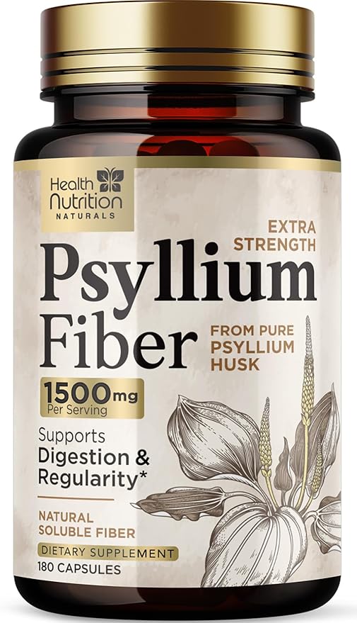 Psyllium Husk Fiber Caps 1500mg Supplement - Psyllium Husk Capsules Daily Support Digestive Health & Regularity, Nature's Plant Based Husks Natural Soluble Fiber Pills, Vegan, Non-GMO - 180 Capsules