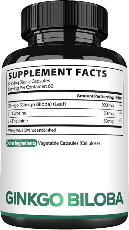 1000mg Ginkgo Biloba Supplements with L-Tyrosine, L-Theanine - 120 Capsules for 2-Month Supply - Support Focus, Mermory Function, Brain Health & Vision Quality