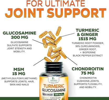 Turmeric Curcumin Supplement 2000mg with Glucosamine Chondroitin & Ginger, 95% Curcuminoids, BioPerine Black Pepper for Best Absorption, Nature's Joint Support, Non-GMO, Bottled in USA - 180 Capsules