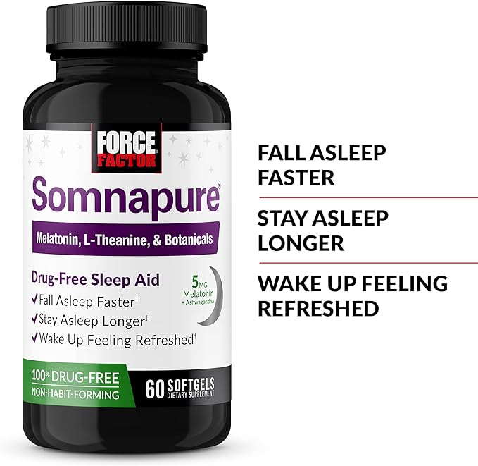 FORCE FACTOR Somnapure Softgels 2-Pack Sleep Aid to Fall Asleep Faster, Stay Asleep Longer, Wake Up Refreshed, Sleep Aid for Adults with Melatonin, Ashwagandha, Valerian Root, 120 Softgels