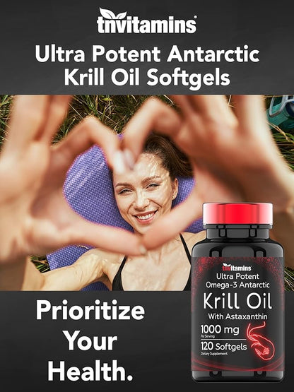 Antarctic Krill Oil 1000mg - 120 Softgels with Astaxanthin | 1000mg Red Krill Oil, 200 mg Phospholipids, 120 mg EPA, 80 mg DHA, 200 mcg Astaxanthin | Potent & Pure Omega-3 Cold Water Antarctic Krill