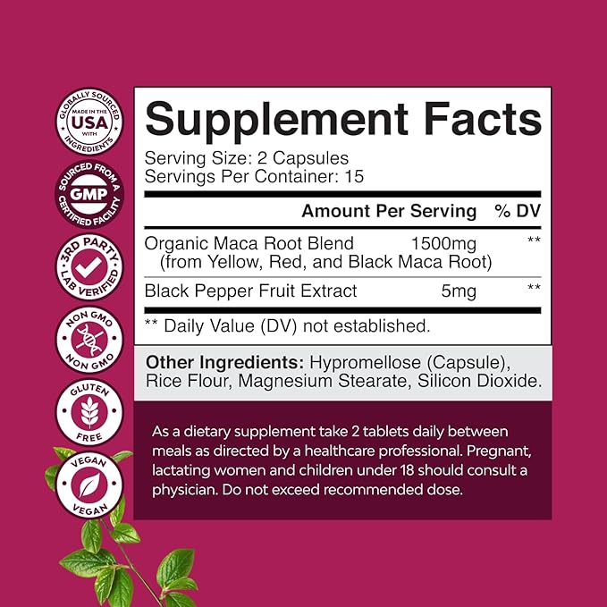 Organic Maca Root Capsules for Women - Potent Herbal Supplement with Female Enhancing Blend of Red Yellow & Black Maca Root - Non-GMO Certified Vegan and Gluten-Free with No Artificial Colors - 30ct