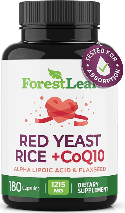 ForestLeaf Red Yeast Rice with CoQ10 Supplement - 1215mg Extra Strength Red Yeast Rice Capsules with Alpha Lipoic Acid & Organic Flaxseed, Citrinin Free - 180 Capsules
