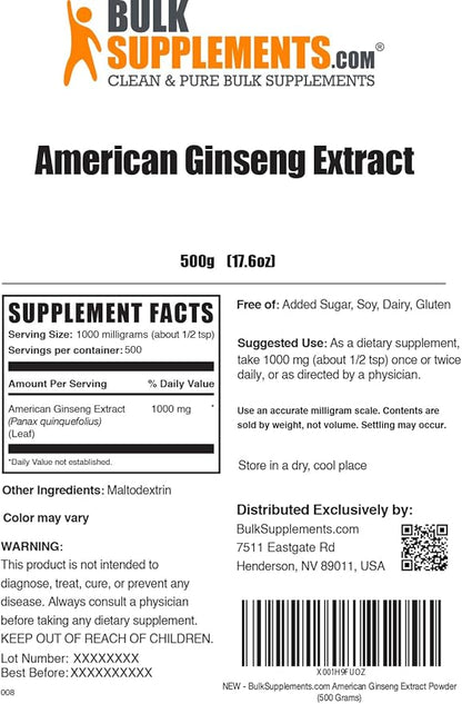 BulkSupplements.com American Ginseng Extract Powder - Ginseng Supplement, Herbal Supplements - Gluten Free, 1g per Serving, 500g (1.1 lbs) (Pack of 1)