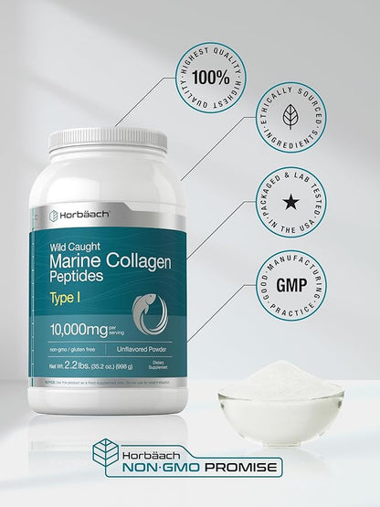 Horbäach Marine Collagen Powder 2.2 lbs | Hydrolyzed Collagen Peptides | Unflavored | Keto, Paleo, Non-GMO, Gluten Free Supplement