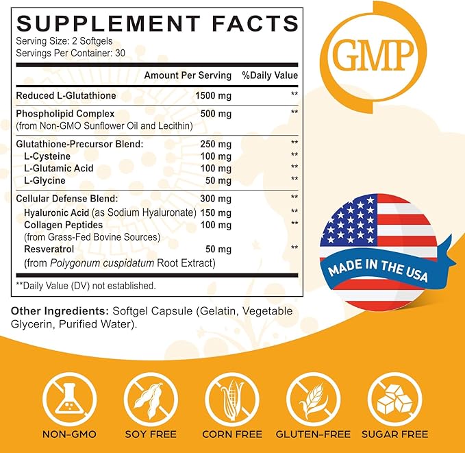 Liposomal Glutathione Softgels, Enhanced Absorption - Liposomal Delivery, Active Form L-Glutathione, Made in USA, Rich in Antioxidant Formula, Gluten Free, 180 Softgels