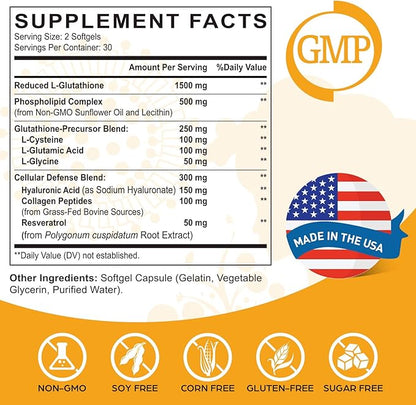 Liposomal Glutathione Softgels, Enhanced Absorption - Liposomal Delivery, Active Form L-Glutathione, Made in USA, Rich in Antioxidant Formula, Gluten Free, 60 Softgels