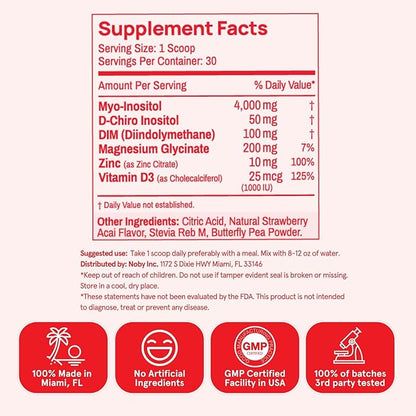 Inositol Powder Multivitamin, Strawberry Acai Flavor – 4g Myo-Inositol & D-Chiro Inositol, DIM, Zinc, Magnesium Glycinate, Vitamin D3 – Supports Women’s Health, Cycle, Energy, 30 SVG