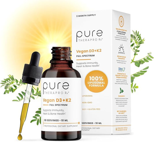 Pure TheraPro Rx Vegan D3 + K2 Organic 100% Liposomal 10ml Made in USA | 3 Month Supply | Maximum Absorption Vitamin D3 and Vitamin K2 Supplements for Men and Women, D3 Vitamin 5000 IU