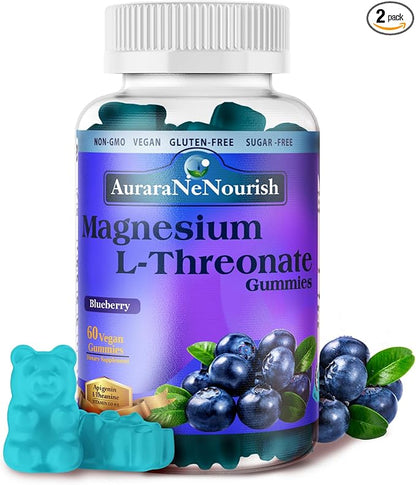 2Pack Magnesium L-Threonate Gummies with Apigenin L-Theanine Cat Claw Ginkgoo Biloba Fiber VIT D3 K2 B6 Coq10, Focus Memory Brain Support, Magnesium Threonate Gummies Sugar Free Keto Vegan - Blueberry