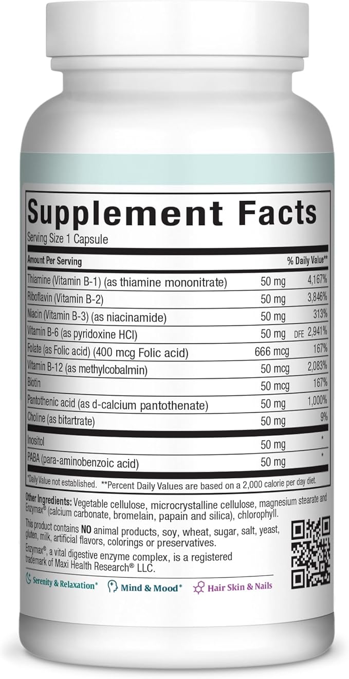 Maxi Health Stress Relief Vitamin B Complex for Women and Men, Vitamin B6, B12, Biotin, Inositol, Folate, Vegan, Gluten & Soy & Milk Free, Kosher, Unflavored, 100 Count