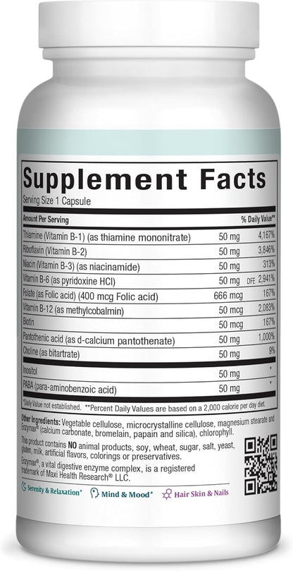 Maxi Health Stress Relief Vitamin B Complex for Women and Men, Vitamin B6, B12, Biotin, Inositol, Folate, Vegan, Gluten & Soy & Milk Free, Kosher, Unflavored, 100 Count
