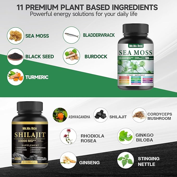 Sea Moss and Shilajit Capsule Bundle, Ashwagandha Rhodiola Rosea Ginseng Cordyceps Mushroom Ginkgo Biloba Stinging Nettle Magic Moss Blendim Black Seed Turmeric Bladderwrack Burdock Black Pepper