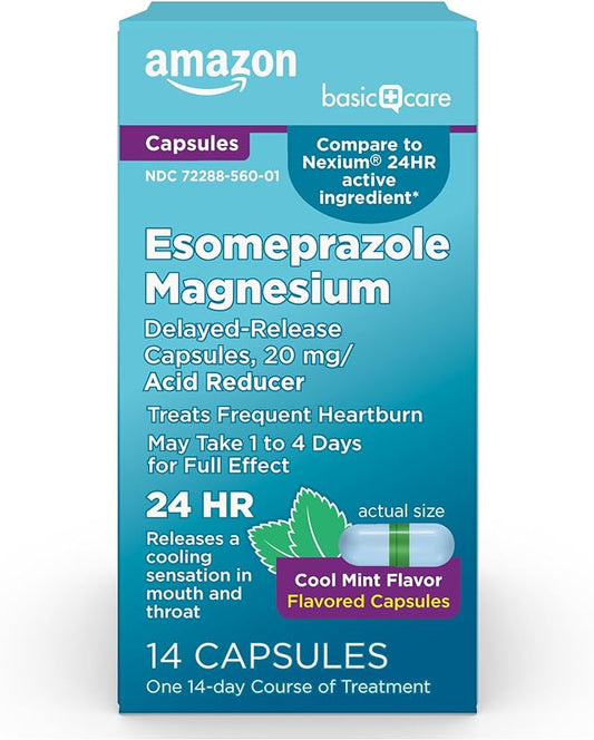 Amazon Basic Care Esomeprazole Magnesium Delayed-Release Capsules 20 mg, Acid Reducer, Cool Mint, 14 Count