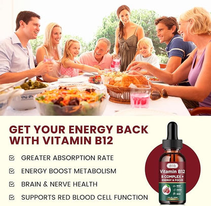 Vitamin B12 Complex 5000 mcg | Vegan B12 Liquid Drops Sublingual Supplement | Methylcobalamin w/ Folate, Biotin, Vitamin C, B3, B5, B6, & B8 for Long-Lasting Energy and Healthy Metabolism, 2 fl. oz.