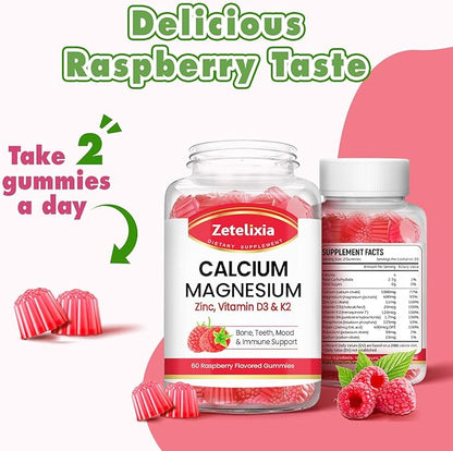Calcium Magnesium Zinc Gummies with Vitamin D3 & K2, Calcium Gummies for B0nes Muscles, Women & Men, Raspberry Flavor - 60 Count